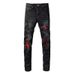 American High Street Ripped Jeans Personalized Red Patch Trendy Black Elastic Small Foot Slim Pants_mkmklike.com