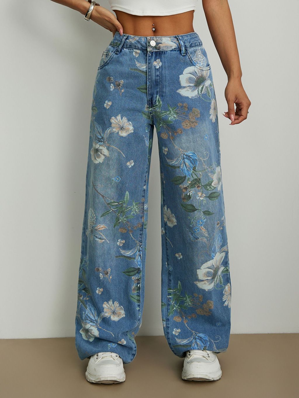 Women's Clothing Street Fashion Loose Straight Wide Leg Pants Printed Denim Trousers_mkmklike.com