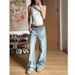 Women's American-style Washed Blue Straight-leg Jeans, New Autumn High-waisted Loose Slimming Distressed Wide-leg Pants_mkmklike.com