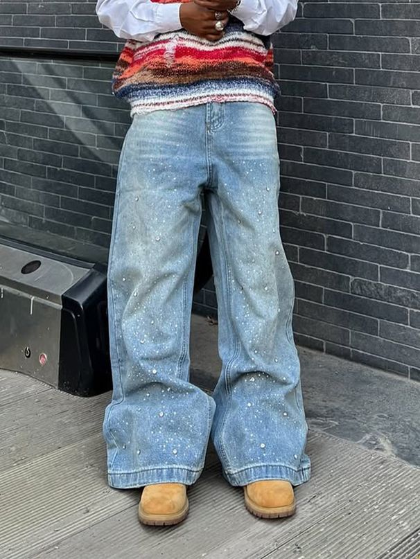 Men's Loose Wide Leg Jeans Retro Washed Denim Pants High Waist Streetwear Casual Trousers_mkmklike.com