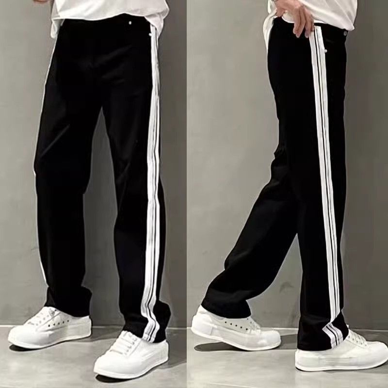 Men's Clothing Striped Stitching Straight Casual Pants Fashionable Loose White Jeans Men's Trend_mkmklike.com