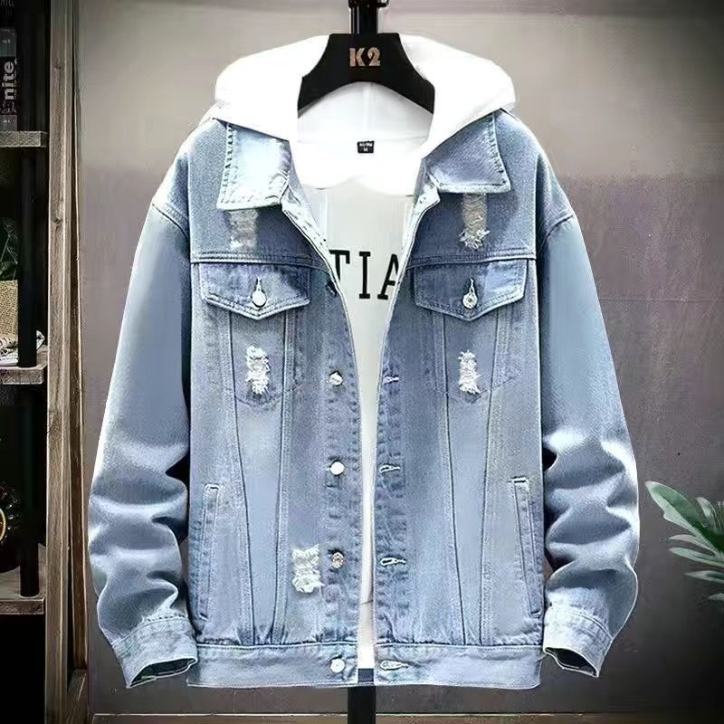 Men's Distressed Denim Jacket With Vintage Embroidery – Streetwear Overshirt With Hood & Raw Hem Detailing (Slim Fit, M-3XL)_mkmklike.com