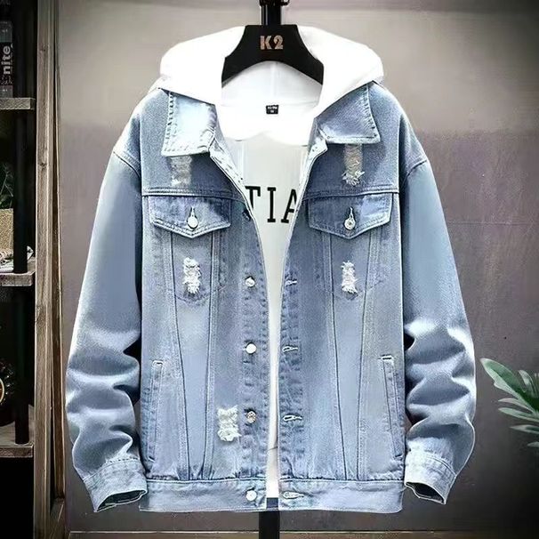 Men's Distressed Denim Jacket With Vintage Embroidery – Streetwear Overshirt With Hood & Raw Hem Detailing (Slim Fit, M-3XL)_mkmklike.com