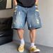 Retro American plus Size Men's Denim Shorts Casual Distressed Straight Leg Loose Fit Five Point Pants up to 300 Lbs_mkmklike.com