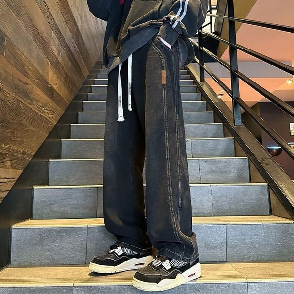 Light-colored Washed Jeans Men, 2024 Autumn New Style, Men's Straight Loose Wide-leg Casual Pants For Teenagers_mkmklike.com