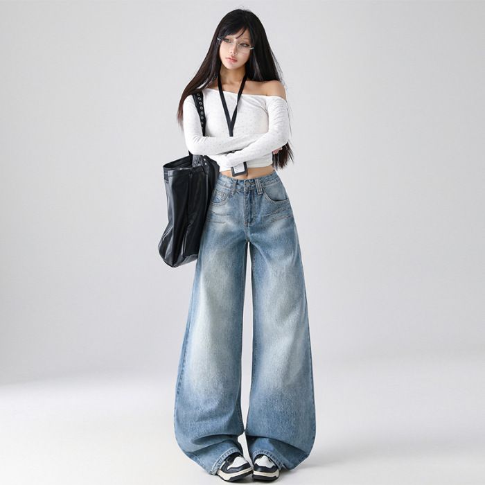 Women's Washed Blue Embroidery Detail Loose Straight Leg Jeans Casual Fashion Office Lady Wide Leg Pants Spring Autumn Retro_mkmklike.com