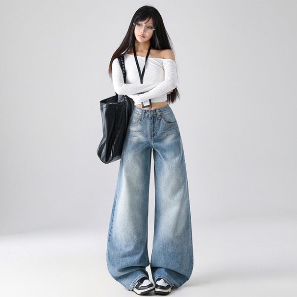 Women's Washed Blue Embroidery Detail Loose Straight Leg Jeans Casual Fashion Office Lady Wide Leg Pants Spring Autumn Retro_mkmklike.com