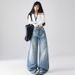 Women's Washed Blue Embroidery Detail Loose Straight Leg Jeans Casual Fashion Office Lady Wide Leg Pants Spring Autumn Retro_mkmklike.com