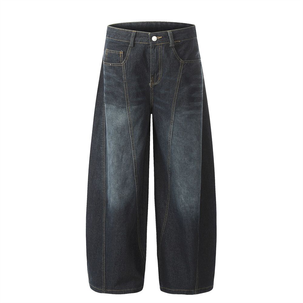 Washed Faded Jeans For Men Street Style Trendy Brand Ins Loose Wide-Leg Letter Embroidery Versatile Dad Pants_mkmklike.com