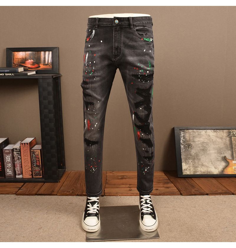 Men's Distressed Black/Gray Slim Fit Jeans – Stretch Denim With Ripped & Patched Details, Straight Leg Casual Pants_mkmklike.com