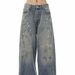 Unisex Distressed Washed Wide-Leg Jeans – Oversized Streetwear Denim Pants With Splatter Paint Effect_mkmklike.com