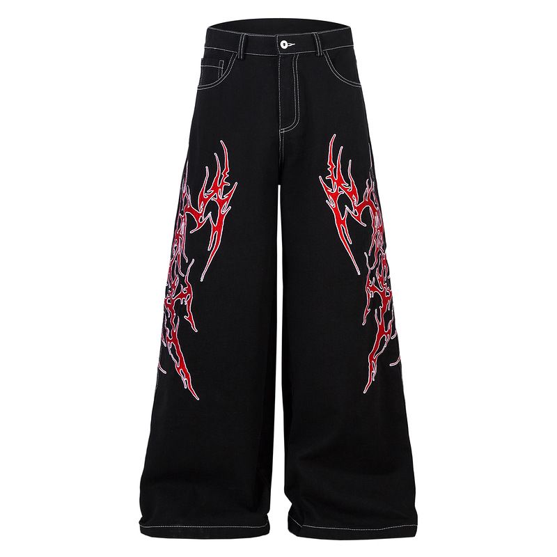 Streetwear Embroidered Jeans For Men & Women - Loose Fit Straight Leg Denim Pants With Thorn Stitching - Trendy Casual Trousers_mkmklike.com
