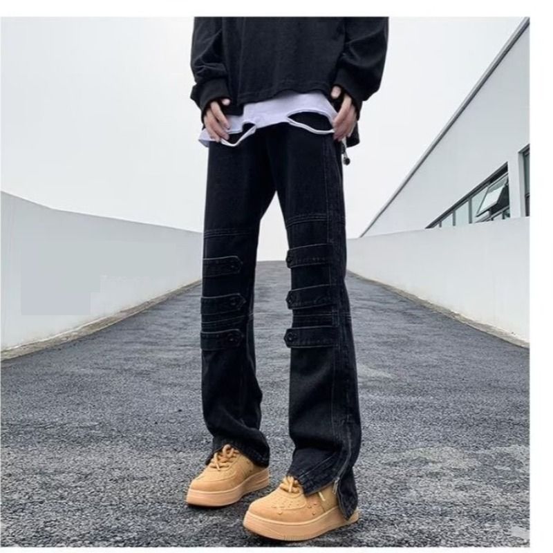 Men's High Street Jeans - Relaxed Straight Leg Loose Fit Casual Trousers With Mid Rise Washed Denim For Teenagers & Youth_mkmklike.com