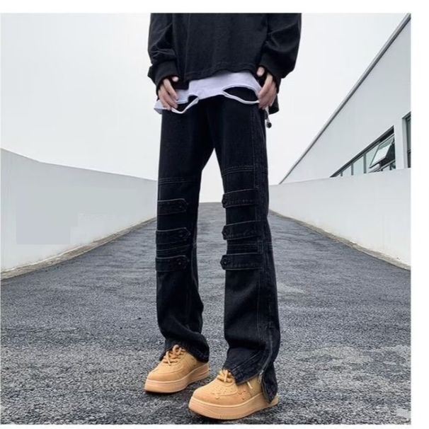 Men's High Street Jeans - Relaxed Straight Leg Loose Fit Casual Trousers With Mid Rise Washed Denim For Teenagers & Youth_mkmklike.com