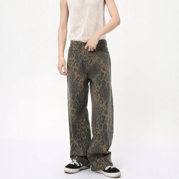 Men's Clothing High Street Retro Leopard Print Wide Leg Jeans Loose Fit Floor Length Pants For Men Denim For Formal & Casual_mkmklike.com