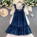 Women's Vintage Denim Lace-Up Camisole Dress Loose Slimming Ruffled Edge Midi Skirt Sweet Versatile Autumn Outfit_mkmklike.com