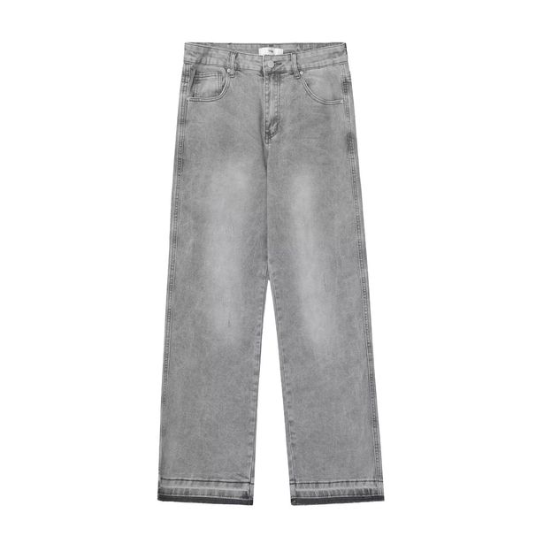 Vintage Washed Light Gray Distressed Denim Jeans – Unisex Straight-Leg Raw Hem Pants (S-3XL)_mkmklike.com