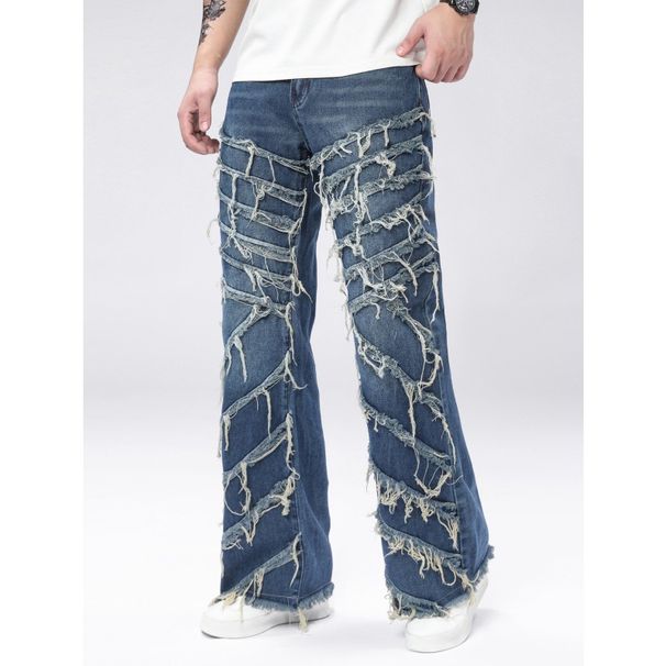 Men's Dark Blue Non-Stretch Loose Fit Jeans Retro High Street Style Trendy Flared Pants_mkmklike.com