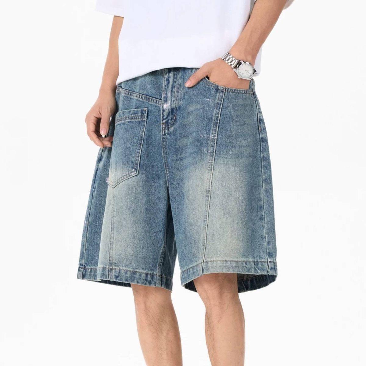 Unisex Retro Irregular Patchwork Denim Shorts Summer Loose Wide Leg Five Point Pants_mkmklike.com
