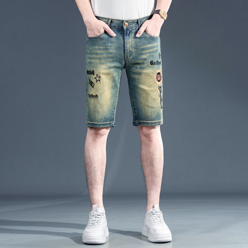 Men's Embroidered Distressed Denim Shorts Vintage Washed Straight Fit Casual Streetwear Summer Color 712 Sizes 28 38_mkmklike.com