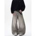 Unisex Retro Style Grey Washed And Distressed Splatter Painted Curved Jeans Loose Fitting American Street Style Pants_mkmklike.com