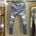 Vintage Men's Slim Straight Jeans With Distressed Patches & Stretch - Retro Autumn Style (Light Blue)_mkmklike.com