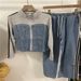 2027 Fashion European-USA Style Women Stand Collar Zipper Denim Jacket + Lace-Up Jeans Splicing Casual Two Piece Suits_mkmklike.com