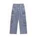Men's Clothing Multi-pocket Cargo Jeans Men's Fashion Washed Loose Straight Leg Wide Pants_mkmklike.com
