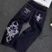 Trendy Skull Head Embroidered Cotton Casual Pants Men's Straight Leg Workwear Trousers Street Style Loose Fit Long Jeans_mkmklike.com
