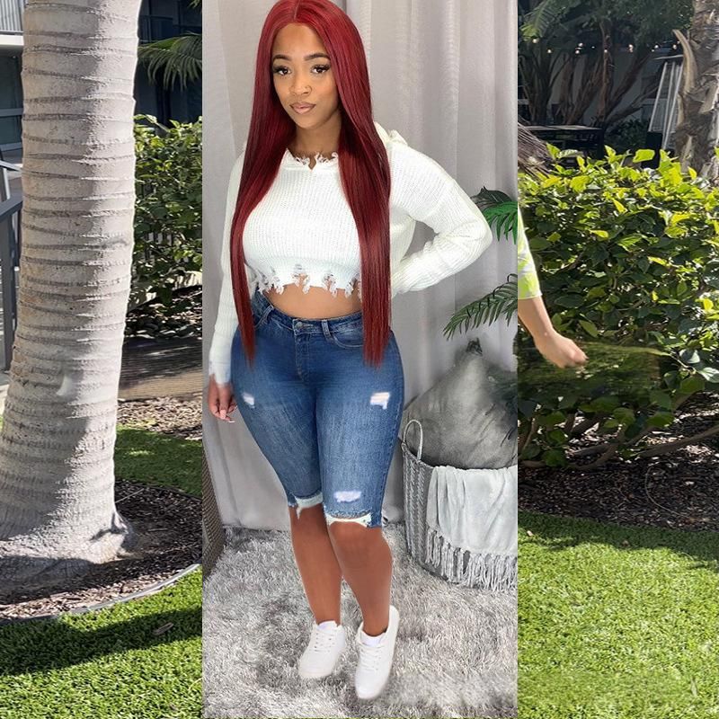 Women's Clothing College Mid Length Pants Jeans High Waist Elastic Slim Pants Small Feet Shorts_mkmklike.com