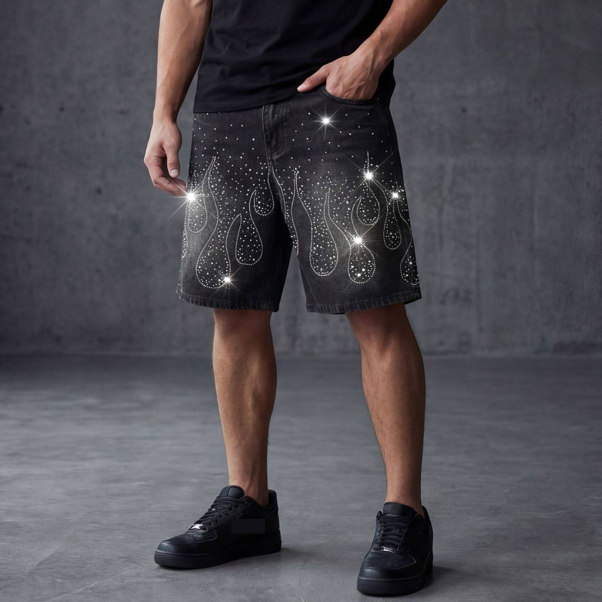 Men's Summer Denim Shorts Street Style Hot Pants With Rhinestones_mkmklike.com