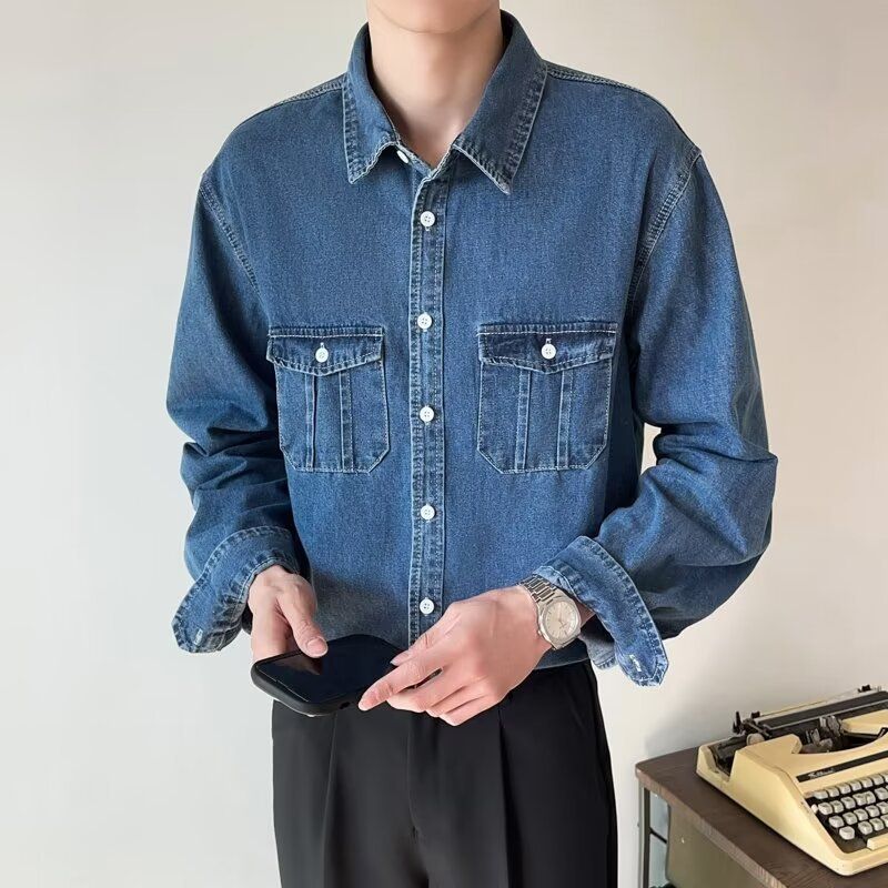 Light Ripe Style Spring And Autumn Clothes Top Korean Loose Long-sleeved Shirt Men's Trend Washed Denim Shirt_mkmklike.com
