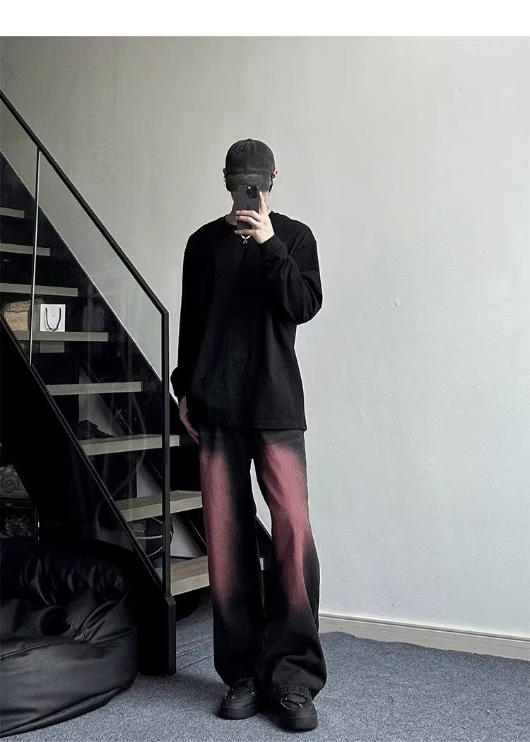 Black And Pink Gradual Change Jeans Men's Loose Ruffian Handsome High Street American Hiphop Pants Comfortable Versatile Micro Pull Pants_mkmklike.com
