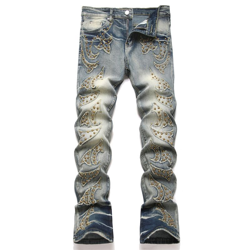 Punk Blue Slim Elastic Orange Patch Youth Straight Flared Men's Jeans_mkmklike.com