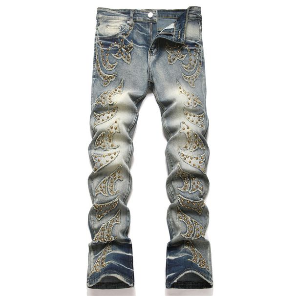 Punk Blue Slim Elastic Orange Patch Youth Straight Flared Men's Jeans_mkmklike.com