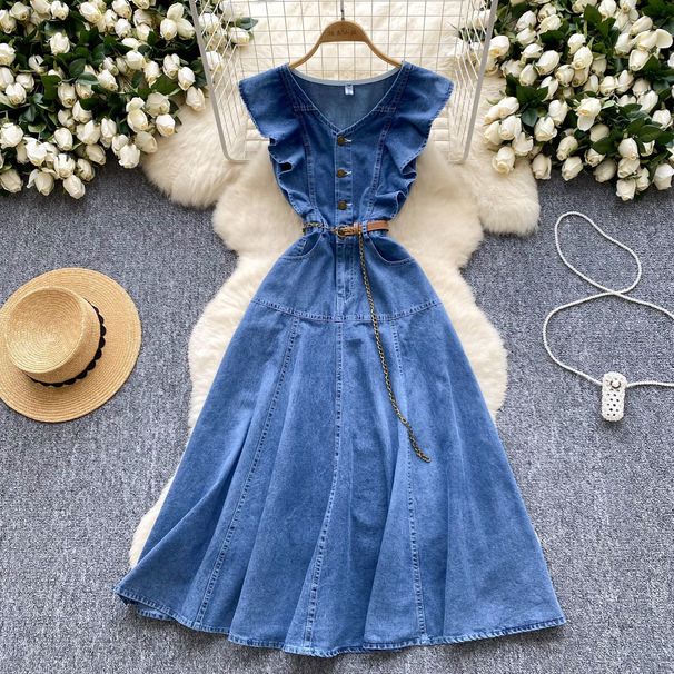 Design Sense V Neck Wood Ear Edge Stitching Single Breasted Waist Slimming Temperament Knee Length Denim Dress_mkmklike.com