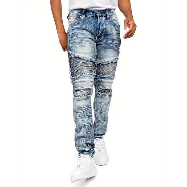 Men's Distressed Denim Jeans - Vintage Workwear Style With Heavy Washed & Ripped Details, Straight Leg, Mid-Rise, Comfortable Cotton Blend_mkmklike.com