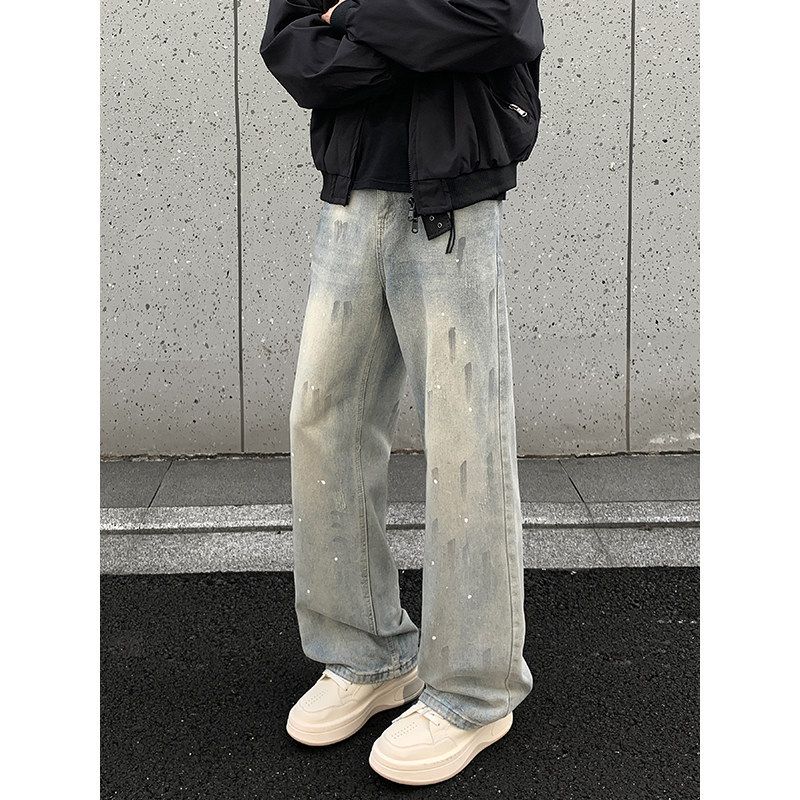 Men's Washed Splatter Painted Slightly Flared Jeans Straight Leg Curved Trousers American High Street Style Trendy Clothing_mkmklike.com