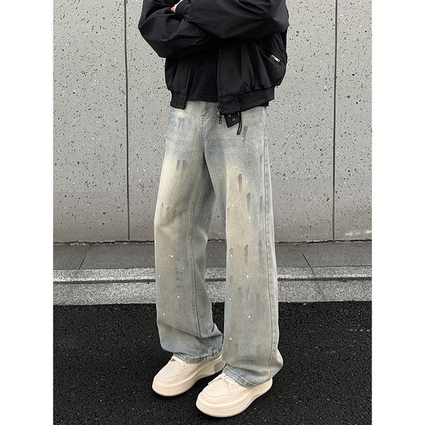 Men's Washed Splatter Painted Slightly Flared Jeans Straight Leg Curved Trousers American High Street Style Trendy Clothing_mkmklike.com