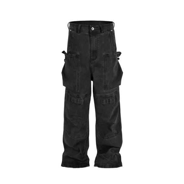 Men's Dark Wash Distressed Work Jeans High Street Style Multi Pocket Avant Garde Heavy Duty Dirty Style Artillery Shell Paratrooper_mkmklike.com