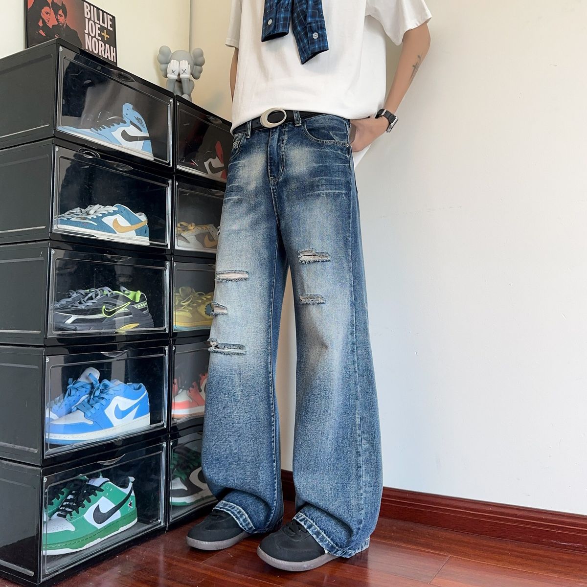 Men's Distressed Ripped Jeans Straight Leg Loose Fit Slimming Slightly Flared Wide Leg Summer Style American High Street Vibe Pants_mkmklike.com