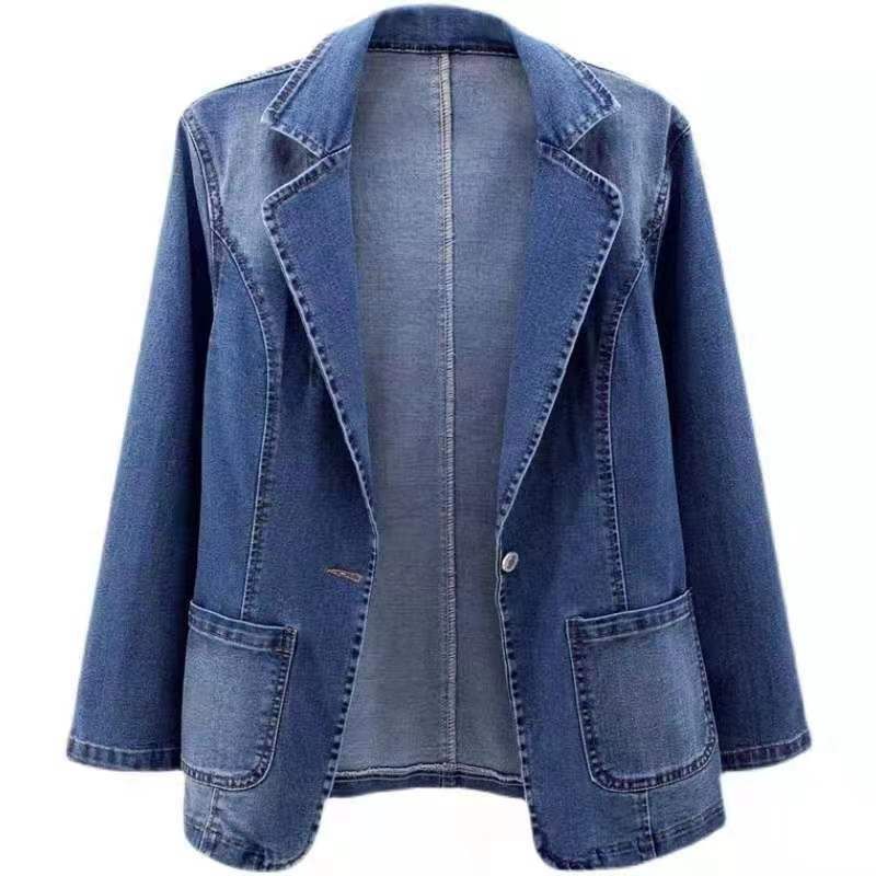 Women's Slim Fit Denim Blazer Jacket Single Button Open Front Casual Elegant Office Wear_mkmklike.com