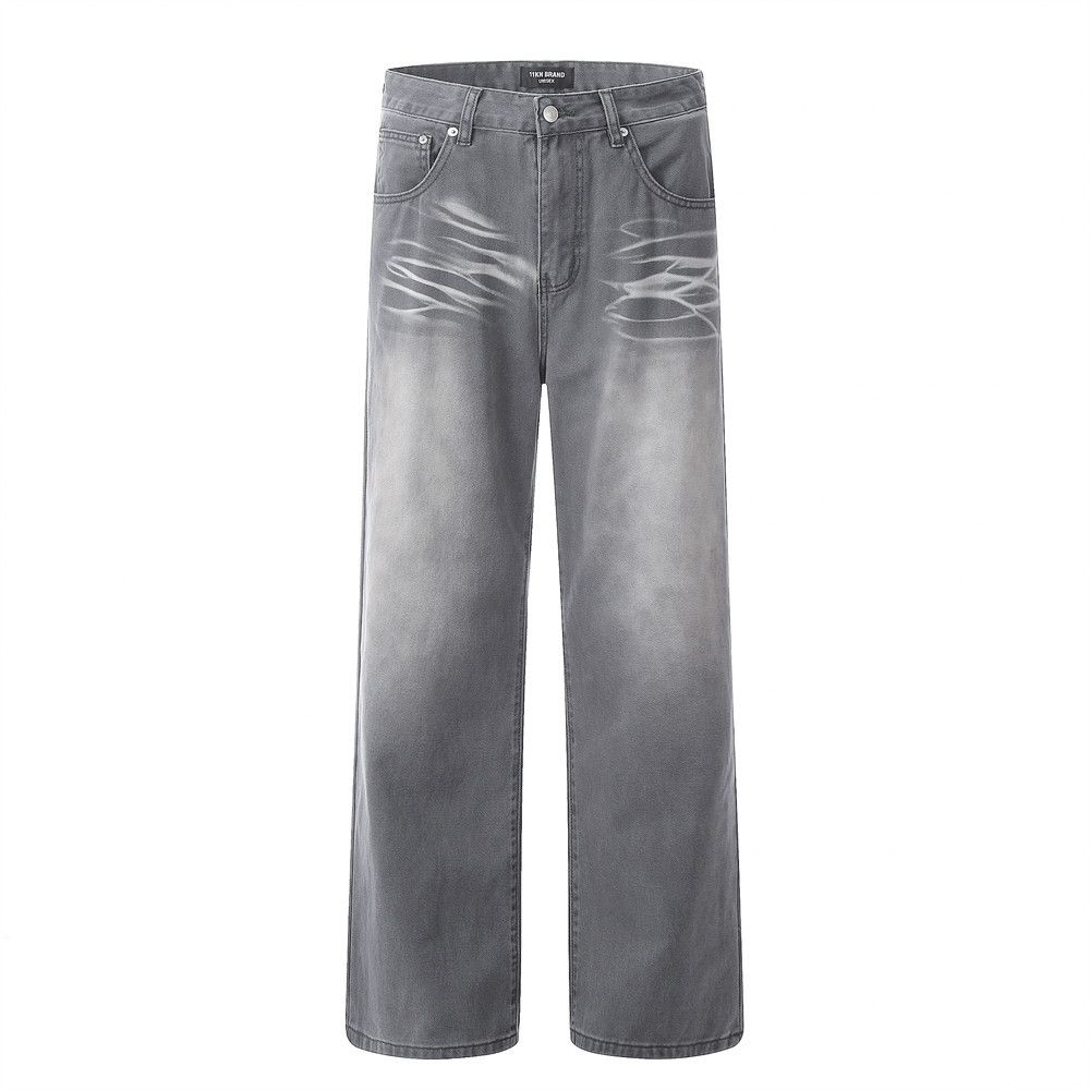 Punk High Washed Distressed Loose Jeans For Men, Niche Street Fashion Casual Spray Paint Wide-Leg Straight Pants_mkmklike.com