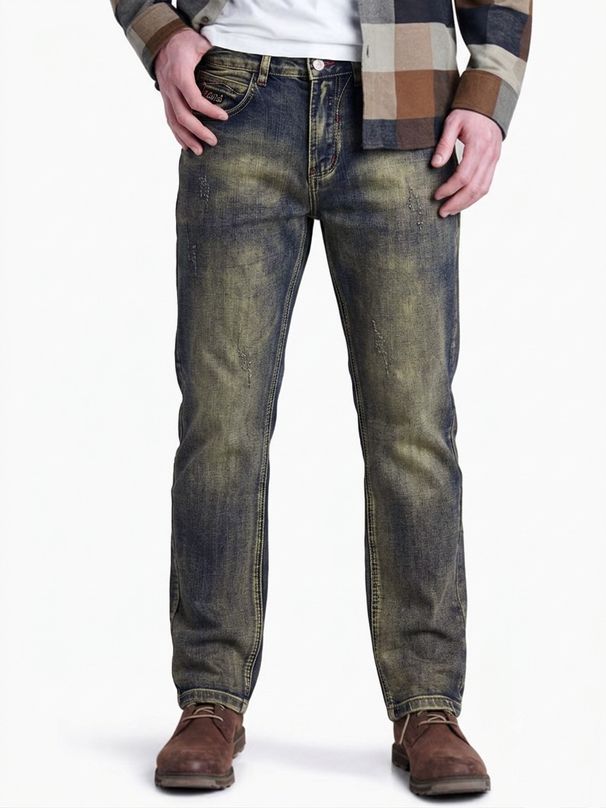 Men's Street Hip Hop Washed Denim Jeans Heavyweight Loose Fit Ripped Motorcycle Straight Leg Pants Style_mkmklike.com