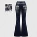 Women's Slim Fit Flared Jeans Dark Washed Pocket Embroidered Rhinestone European American Style Popular Cross Border Trade Denim_mkmklike.com