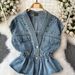 Women's Clothing Denim Vest With Waist Cinching & Rhinestone Details – Sleeveless Light Blue A-Line Vest For Elegant Layering (One Size)_mkmklike.com