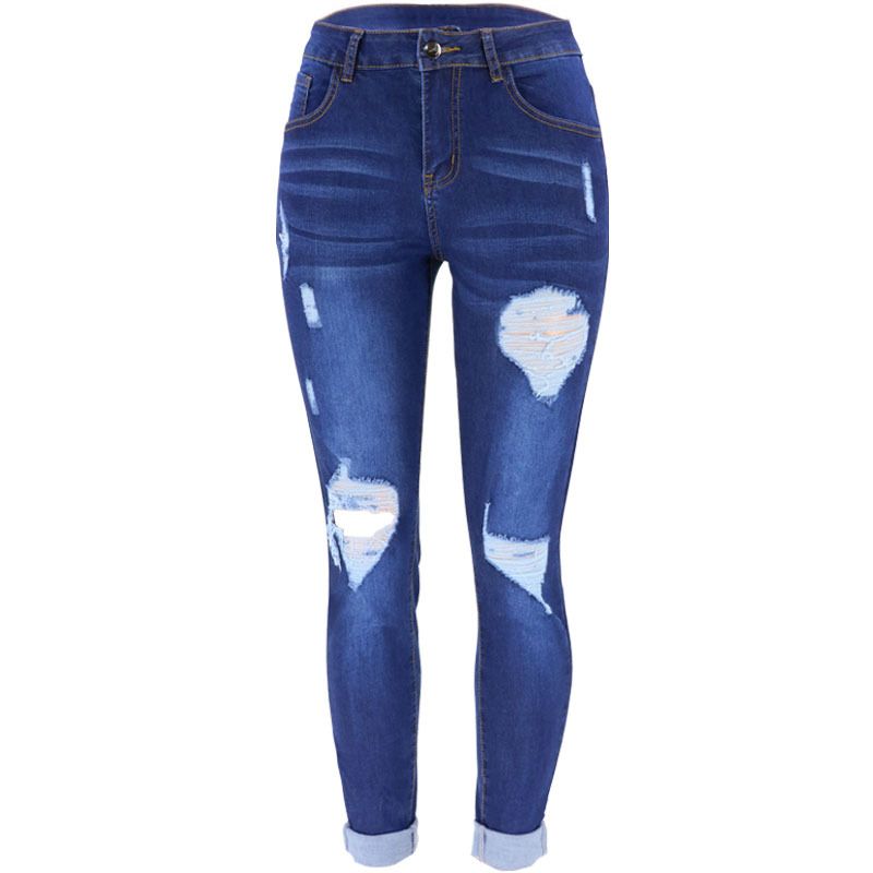 Premium High-Waisted Ripped Skinny Jeans - Stretch Denim Pants With Anti-Wrinkle Finish For Women, Classic Dark Blue & Versatile Fit_mkmklike.com