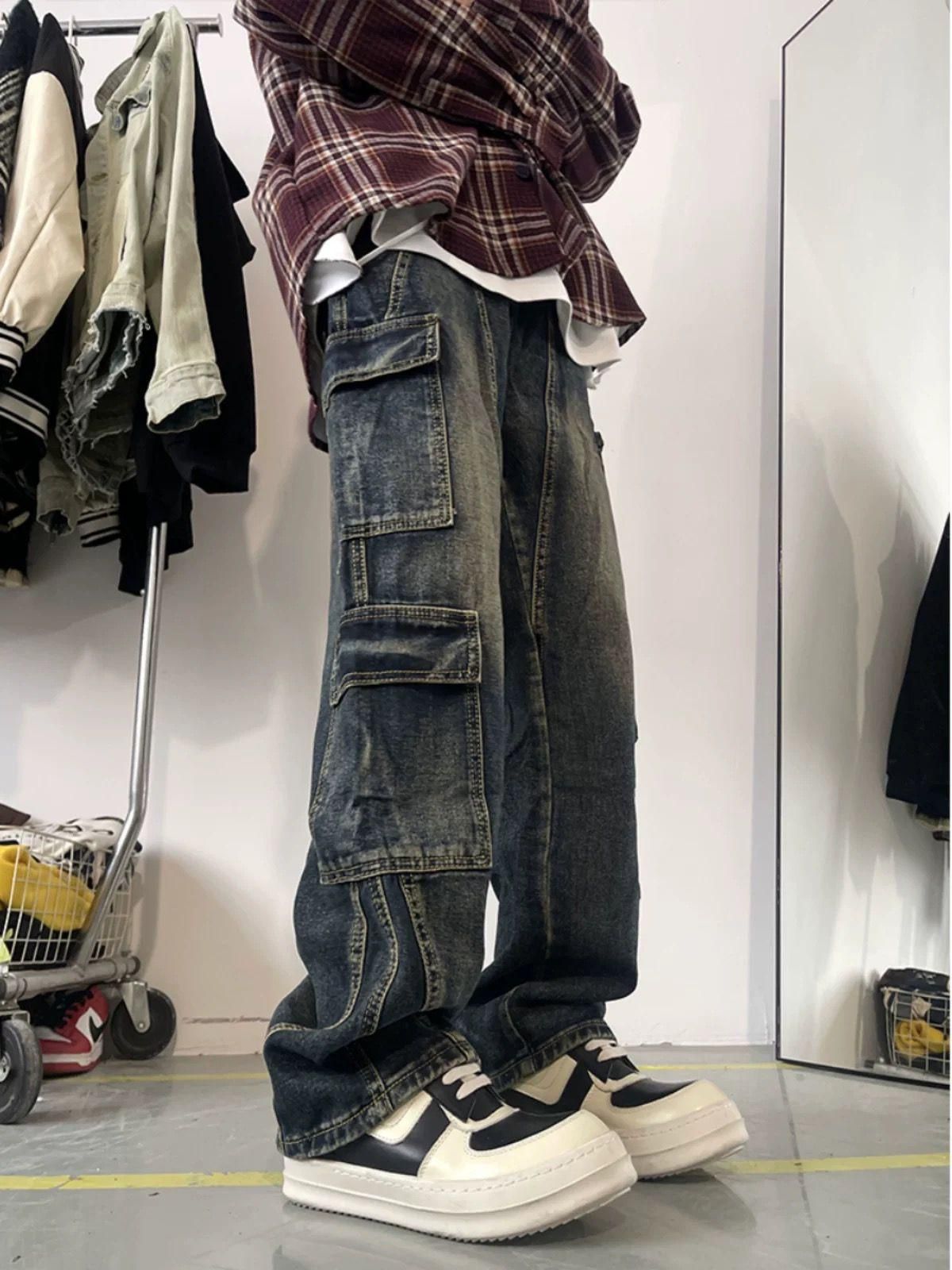 Men's Loose Straight Leg Cargo Jeans Multi Pocket High Street Washed Retro Edgy Look Trousers For Spring Autumn_mkmklike.com