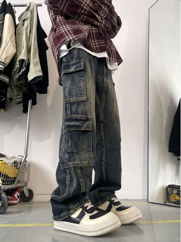 Men's Loose Straight Leg Cargo Jeans Multi Pocket High Street Washed Retro Edgy Look Trousers For Spring Autumn_mkmklike.com