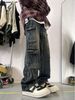 Men's Loose Straight Leg Cargo Jeans Multi Pocket High Street Washed Retro Edgy Look Trousers For Spring Autumn_mkmklike.com